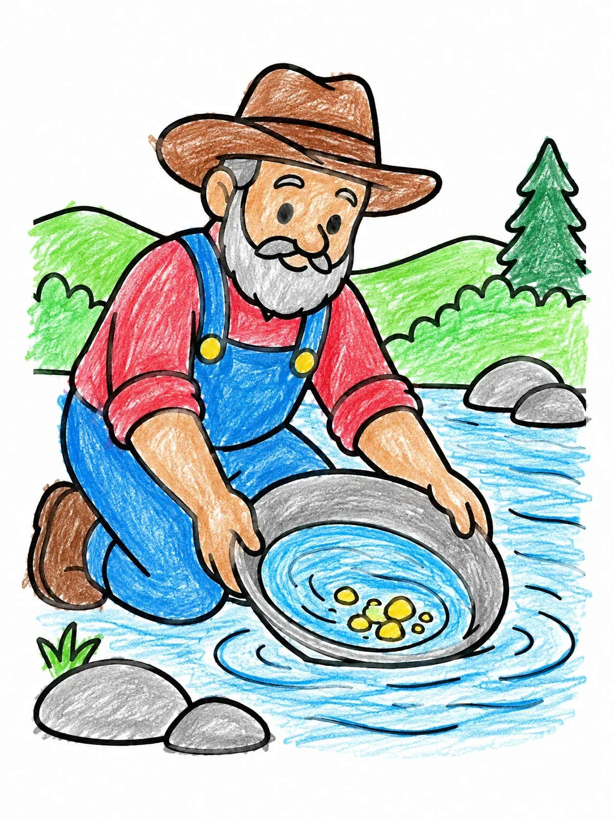 Colored example of the Prospector Panning For Gold In River coloring page