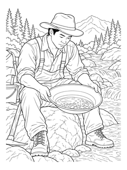 A prospector examines his pan by the river in this gold rush coloring page.