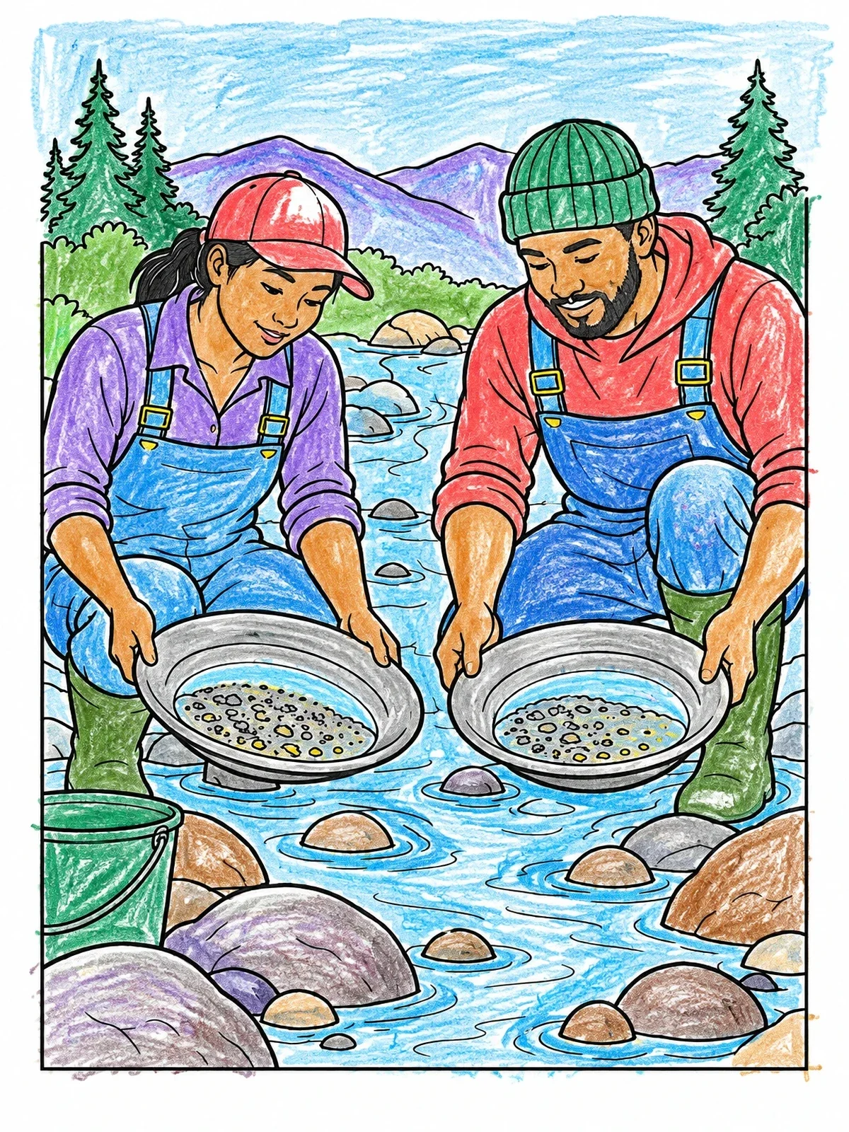 Colored example of the Prospectors Panning For Gold In Creek coloring page