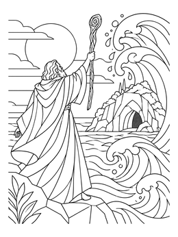 Prospero summoning ocean waves with his staff in this Shakespeare coloring page.
