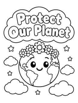 Cute earth day coloring page with a smiling planet wearing a flower crown.