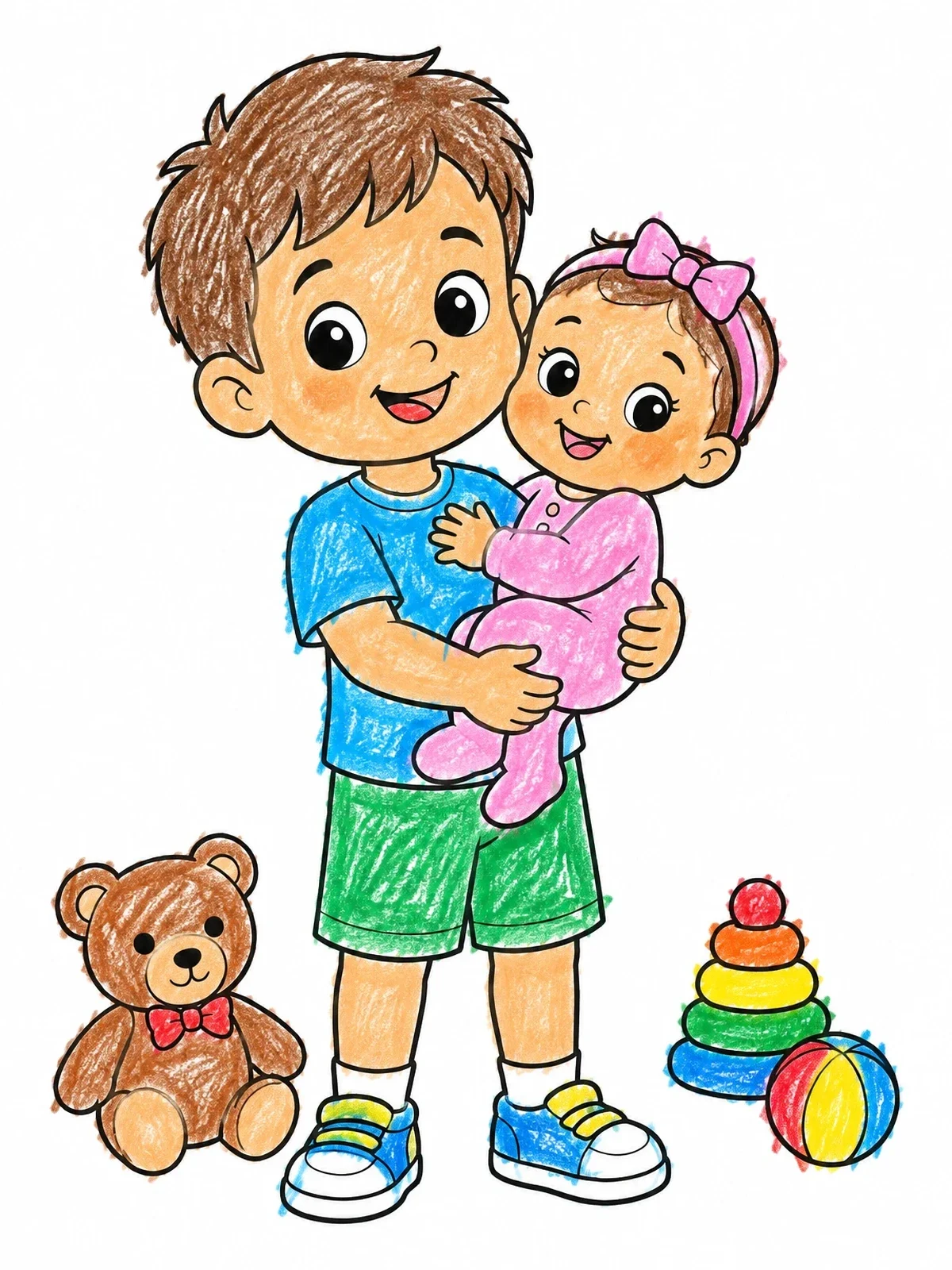 Colored example of the Proud Big Brother Holding Baby Sister coloring page
