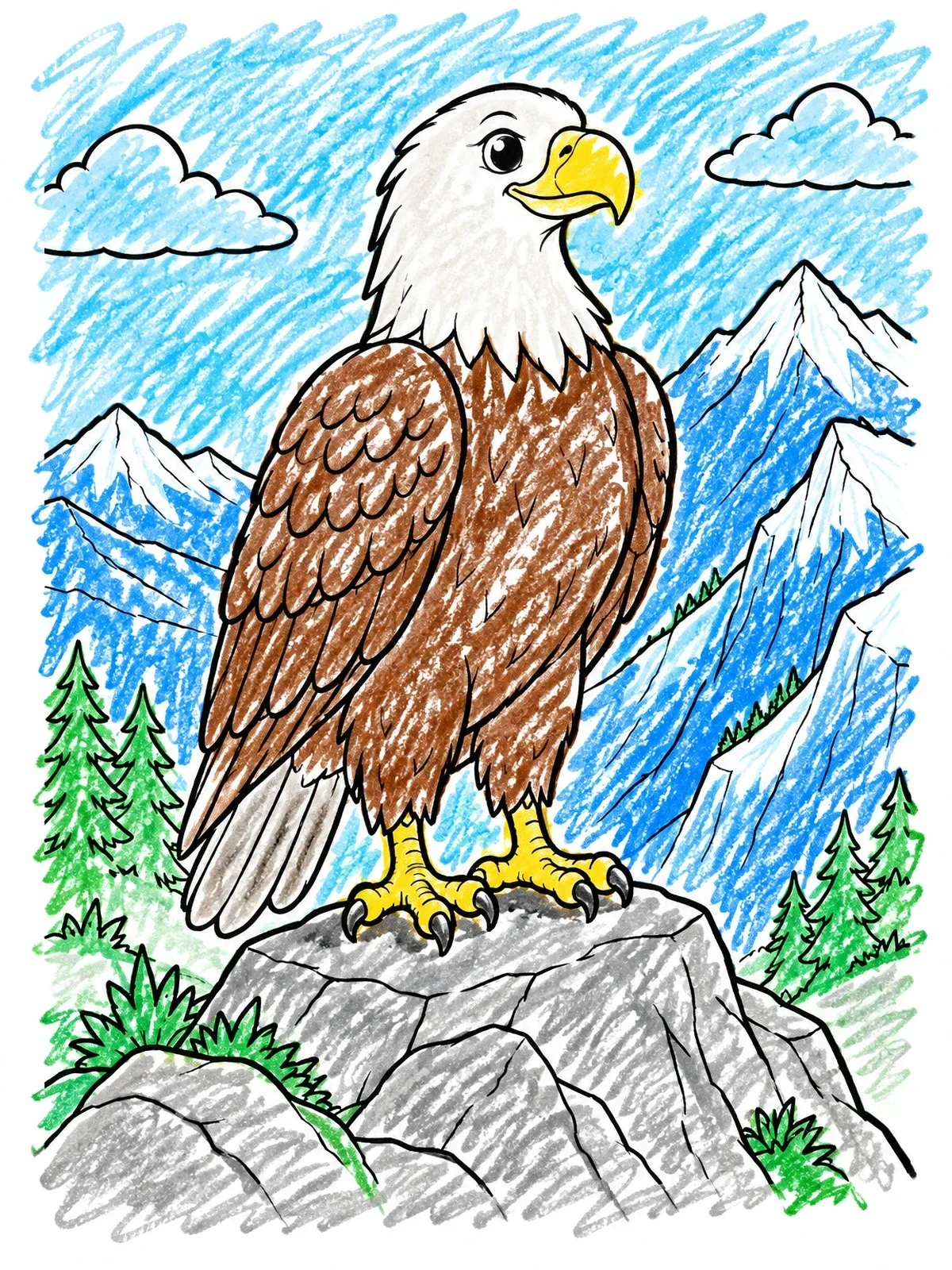 Colored example of the Proud Eagle On Mountain Peak coloring page