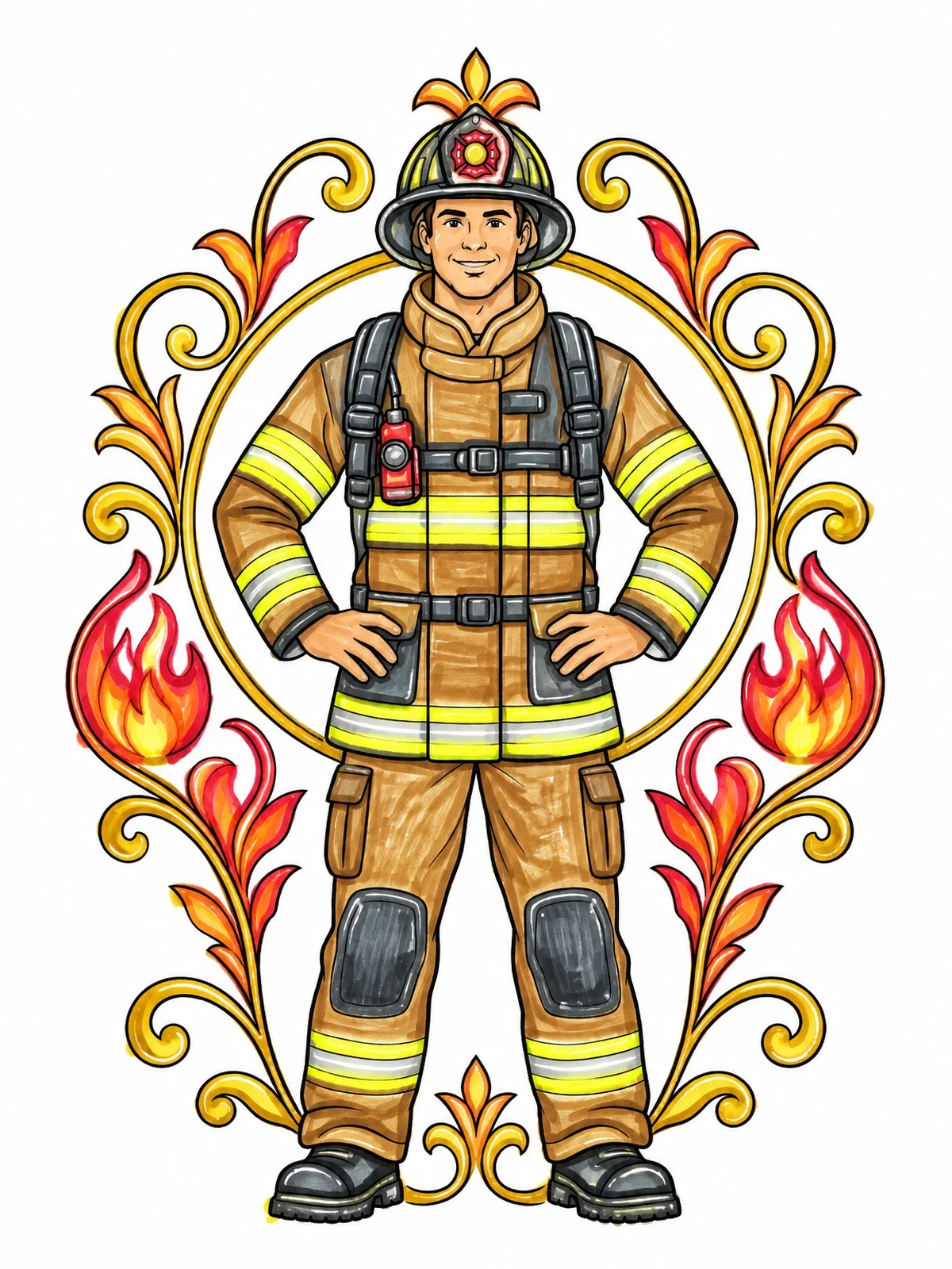 Colored example of the Proud Firefighter In Ornamental Frame coloring page