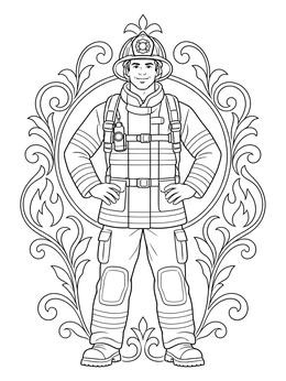 Free printable Proud Firefighter In Ornamental Frame coloring page