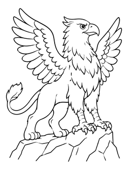 A proud griffin coloring page standing tall on a jagged rock outcrop with spread wings.