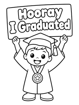 A cheerful boy in a cap and gown holds a sign on this kindergarten graduation coloring page.