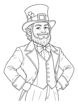 A dapper leprechaun coloring page showing a bearded man in a top hat with hands on his hips.