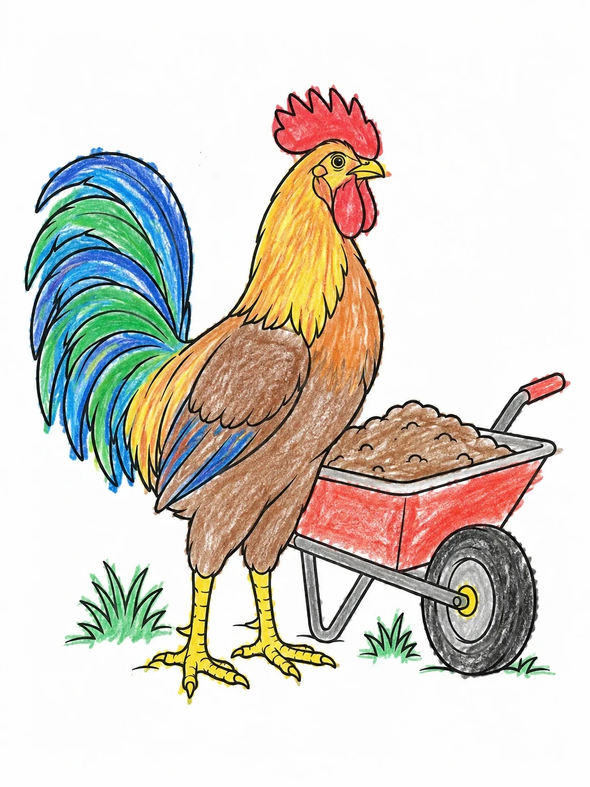 Colored example of the Proud Rooster Beside Wheelbarrow coloring page