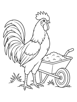 A proud rooster coloring page standing in the grass next to a wheelbarrow full of soil.