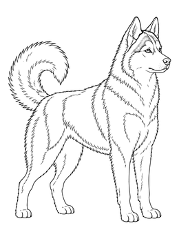 A proud husky coloring page showing a standing dog with a curled tail.