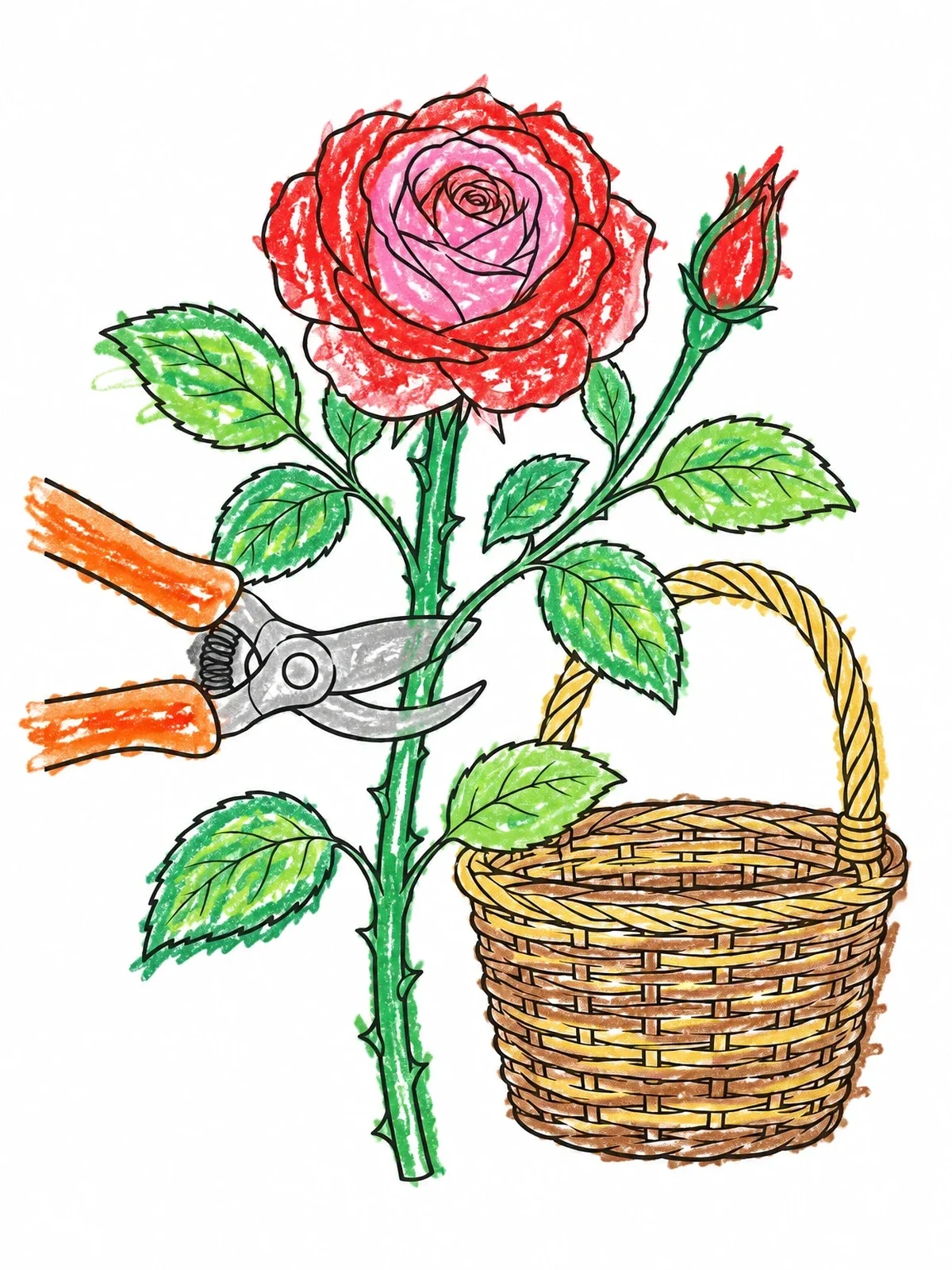 Colored example of the Pruning Roses With Woven Basket coloring page