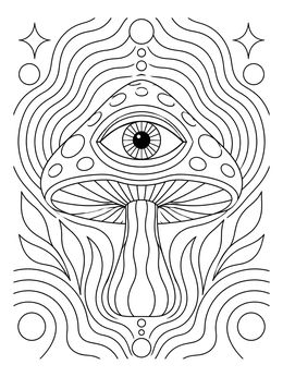 A detailed mushroom coloring page featuring a mystical eye and swirling patterns.