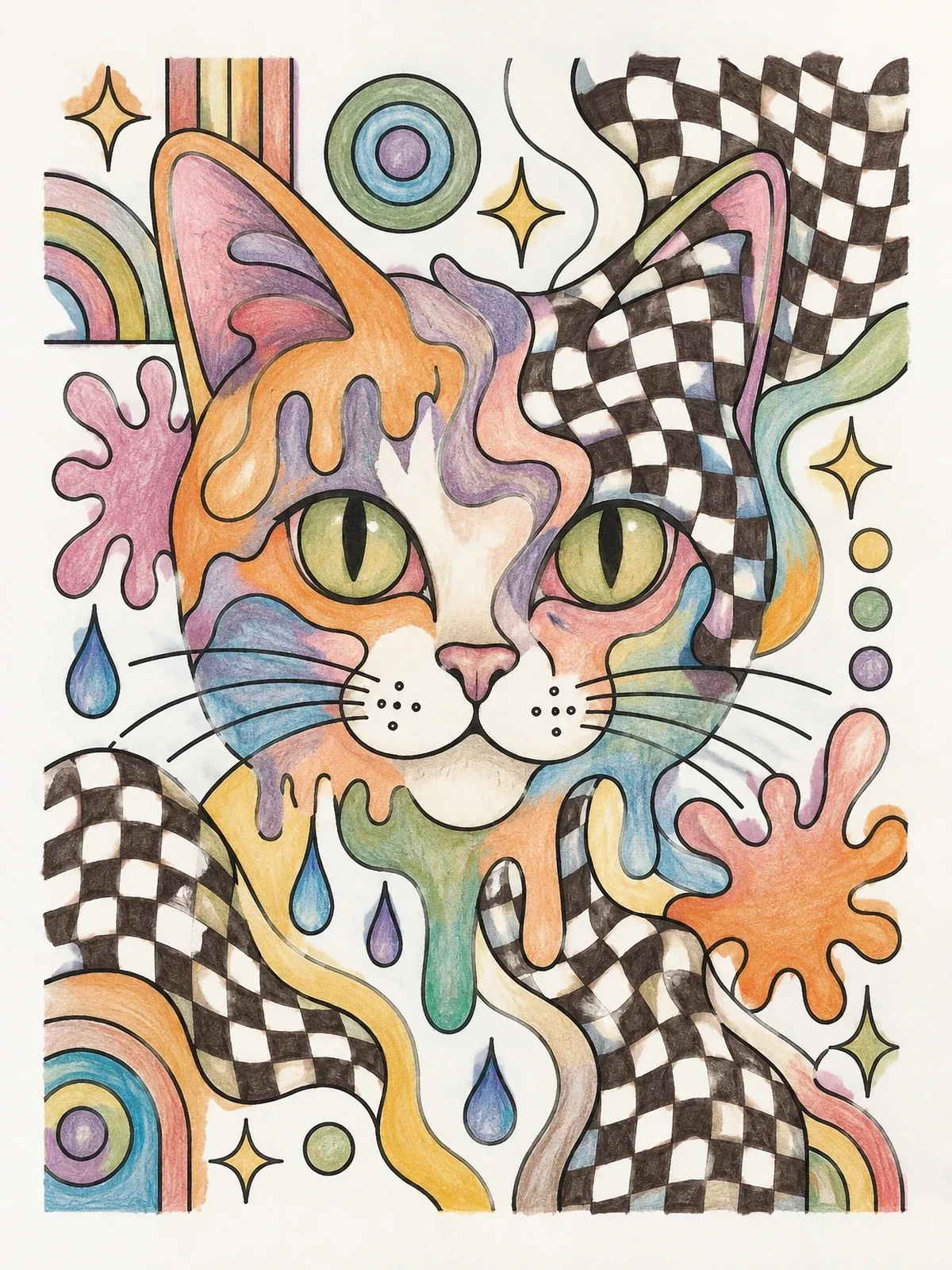 Colored example of the Psychedelic Melting Graffiti Cat coloring page