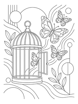 Butterflies fly out of an open cage in this psychology coloring page.