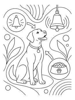 An attentive dog with a bell and food bowl on this psychology coloring page.