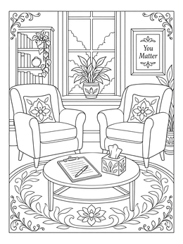 A calming psychology coloring page featuring two armchairs, a notepad, and a tissue box.