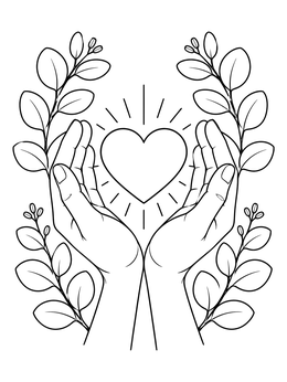 Free printable Gentle Hands Holding Glowing Heart coloring page