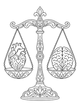 An ornate balance scale holds a heart and brain on this psychology coloring page.