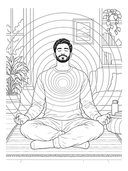 A man meditating peacefully in a psychology coloring page with radiating breath circles.