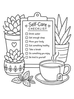 A peaceful psychology coloring page featuring a self-care checklist, potted succulents, and hot tea.
