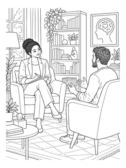 A therapist listens to a patient in a psychology coloring page set inside an office.