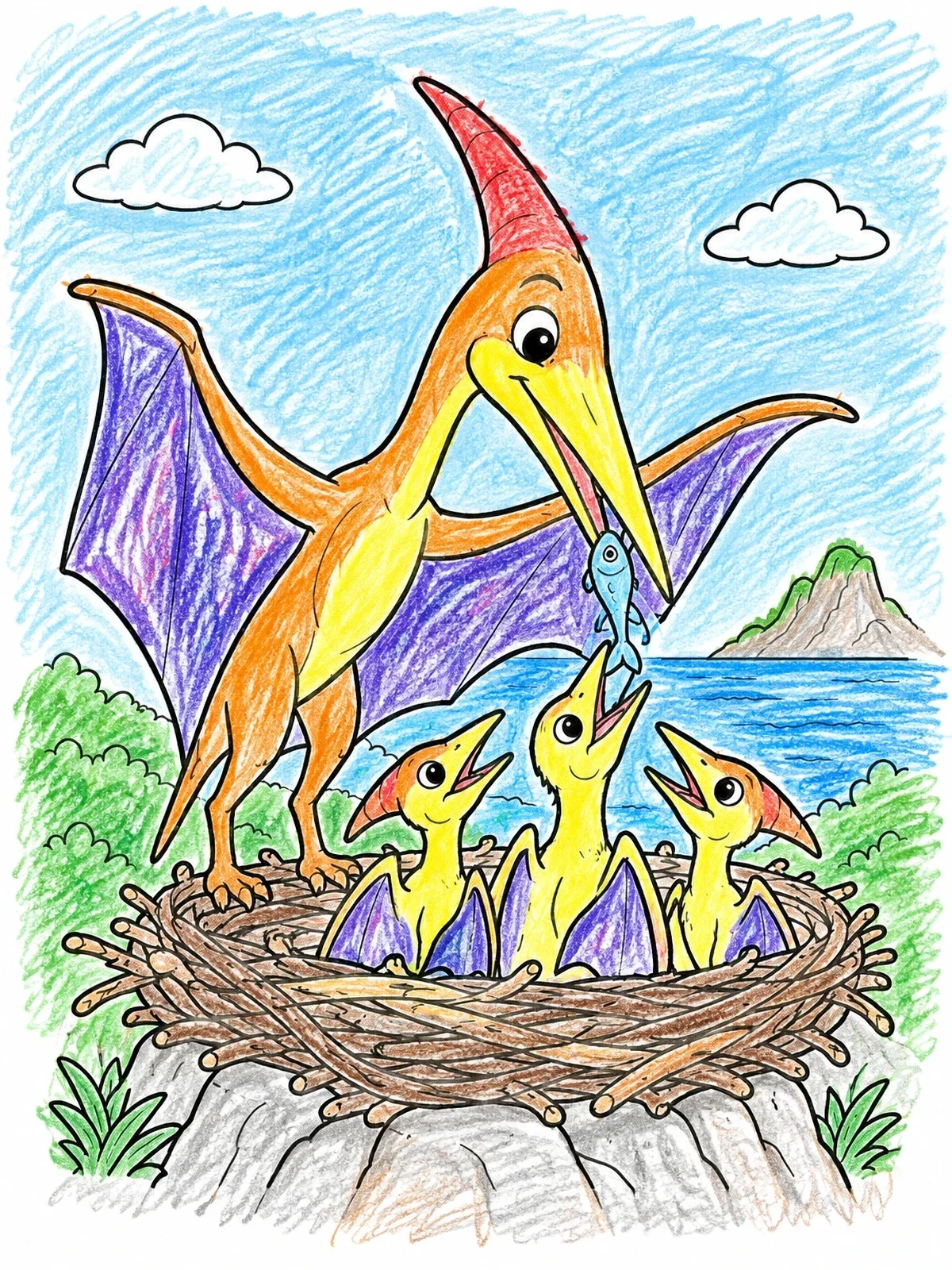 Colored example of the Pteranodon Parent Feeding Hungry Chicks coloring page