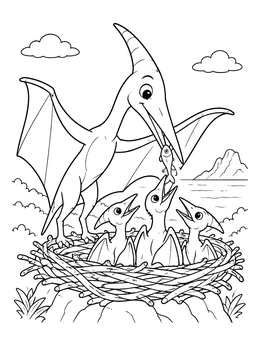 Free printable Pteranodon Parent Feeding Hungry Chicks coloring page