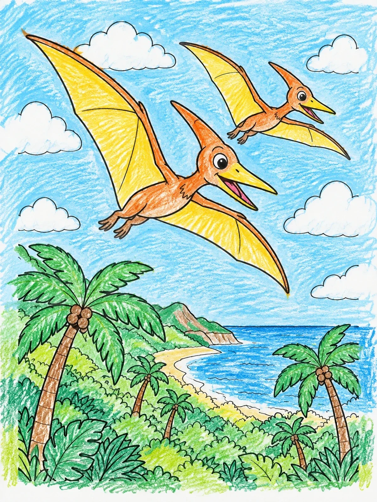 Colored example of the Two Pteranodons Flying Over Coast coloring page