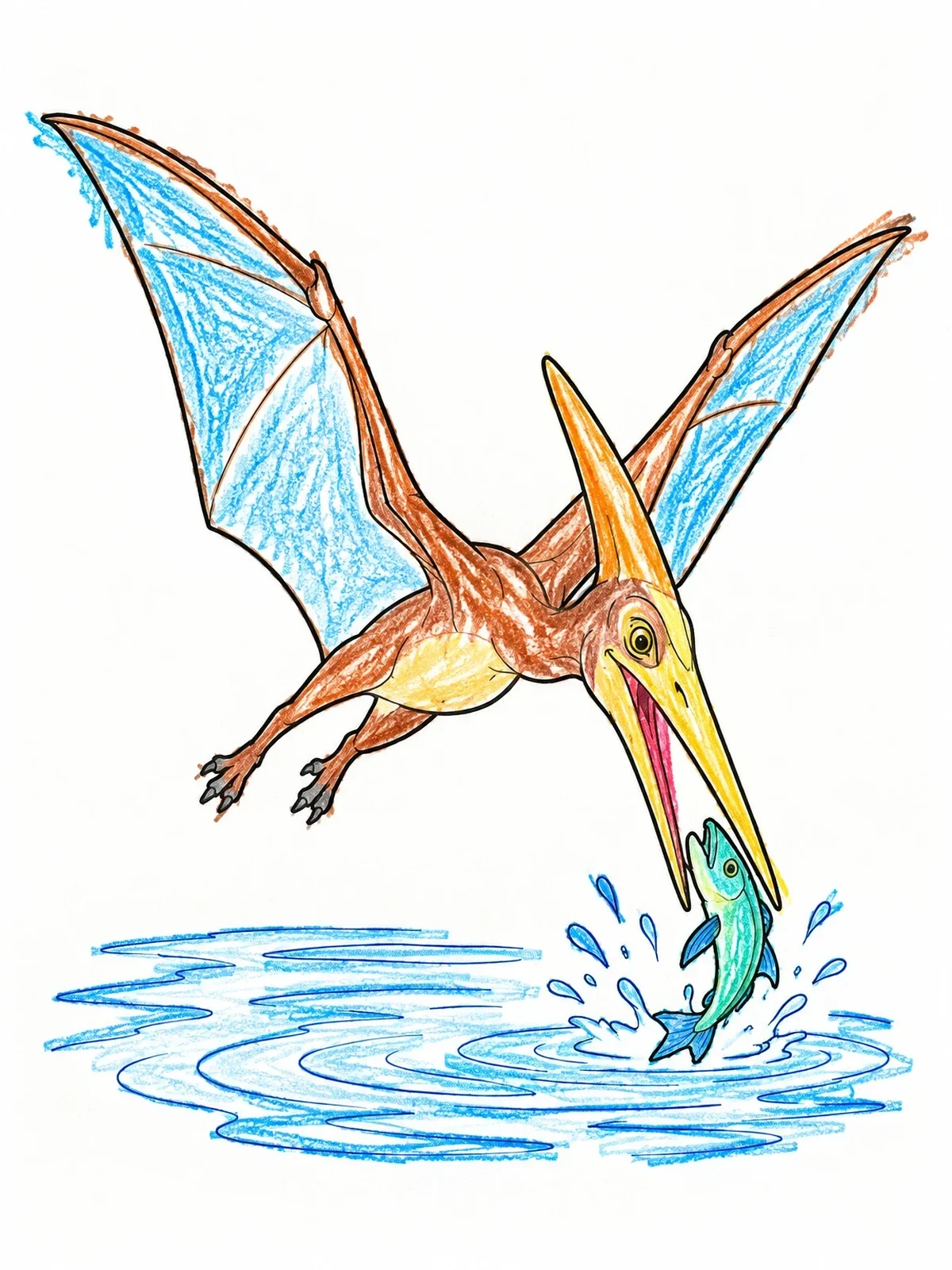 Colored example of the Pterodactyl Catching Fish Over Water coloring page