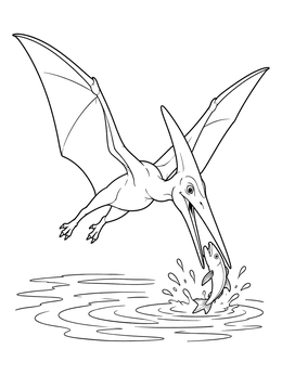 A dynamic pterodactyl coloring page showing the flying reptile catching a fish from rippling water.