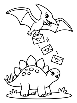 Free printable Pterodactyl Delivering Valentine Letters To Stegosaurus coloring page