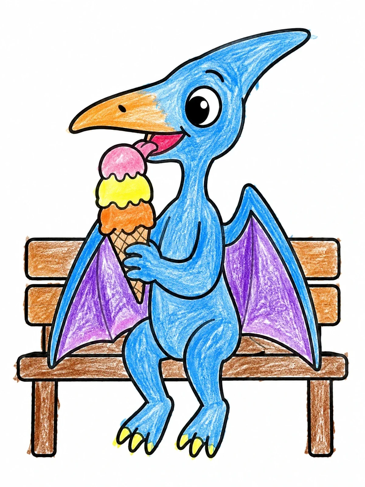 Colored example of the Pterodactyl Eating Ice Cream On Bench coloring page