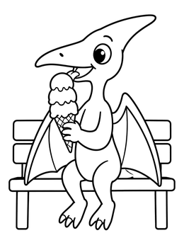 A cute pterodactyl coloring page showing the dinosaur enjoying a three-scoop ice cream cone on a bench.