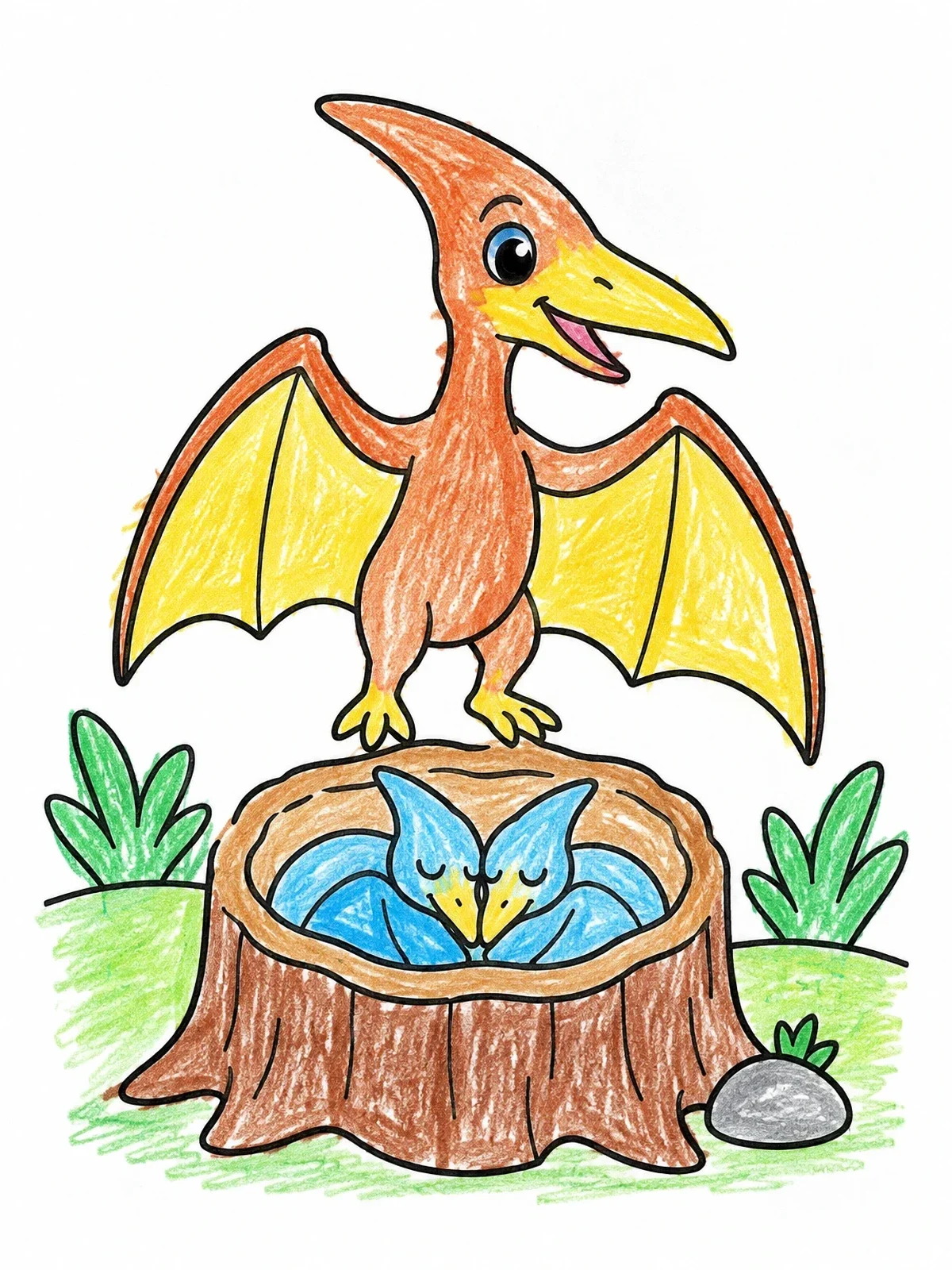 Colored example of the Pterodactyl Family With Sleeping Babies coloring page