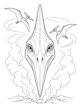 A detailed pterodactyl coloring page showing a close-up pterosaur head with two flying above volcanic steam.