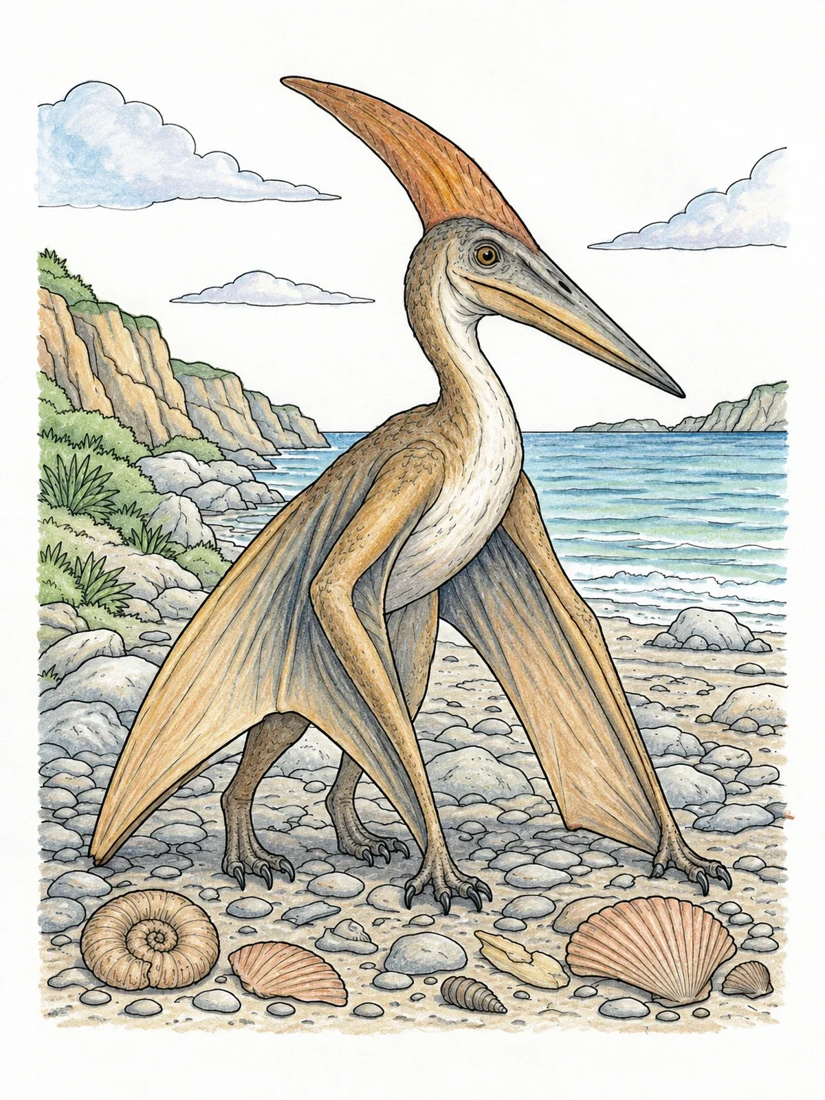 Colored example of the Pterodactyl On A Coastal Beach coloring page