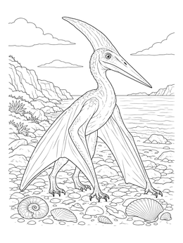 Realistic pterodactyl coloring page showing the flying reptile walking along a rocky seashore beside shells.