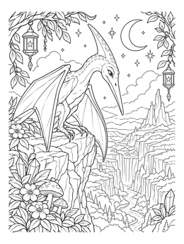 A pterodactyl coloring page showing the reptile perched on a cliff beneath a crescent moon.