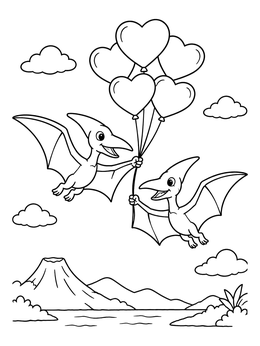 Two cute pterodactyls fly together holding heart balloons in this valentine dinosaur coloring page.
