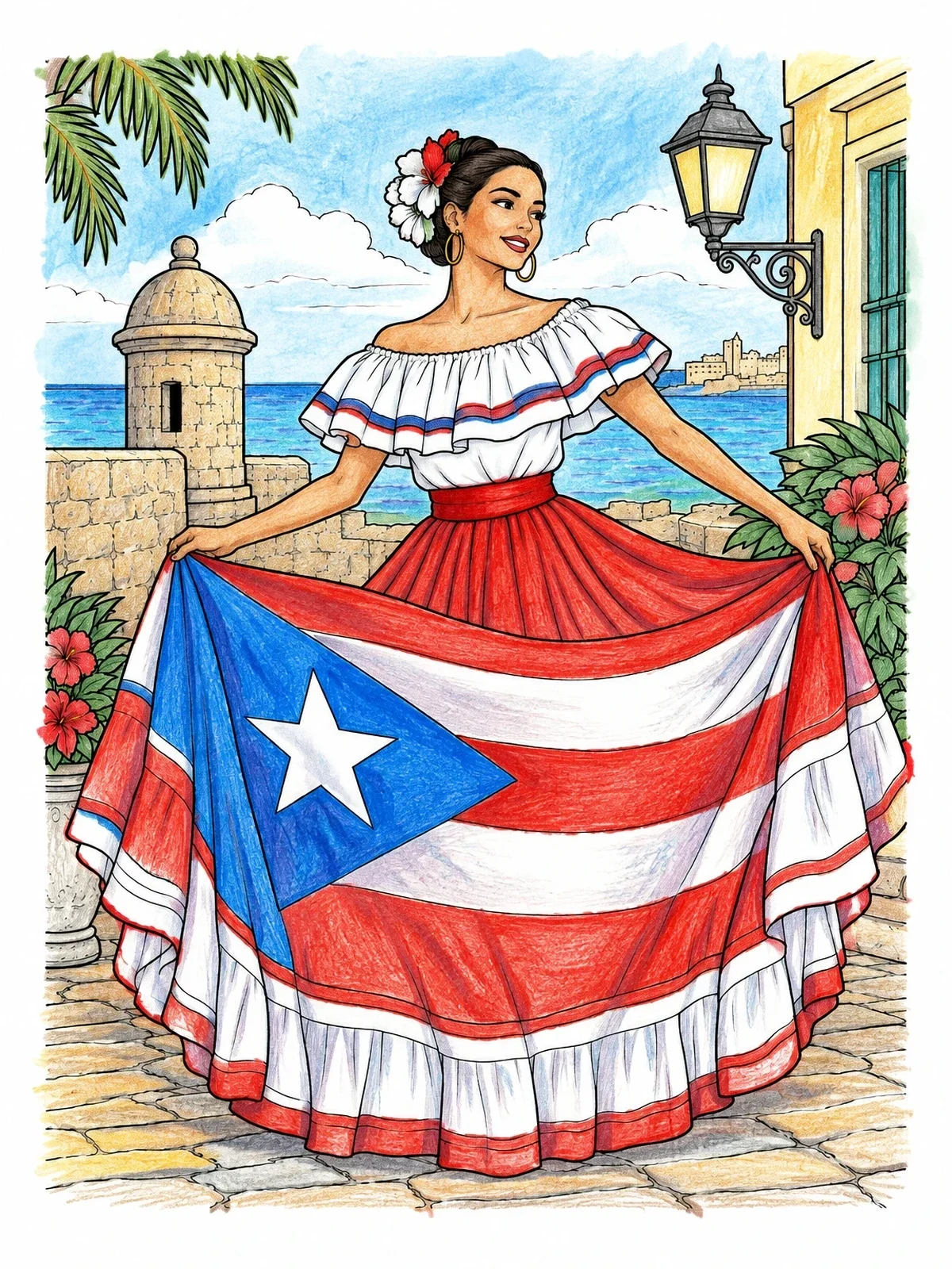 Colored example of the Puerto Rican Folkloric Dancer coloring page