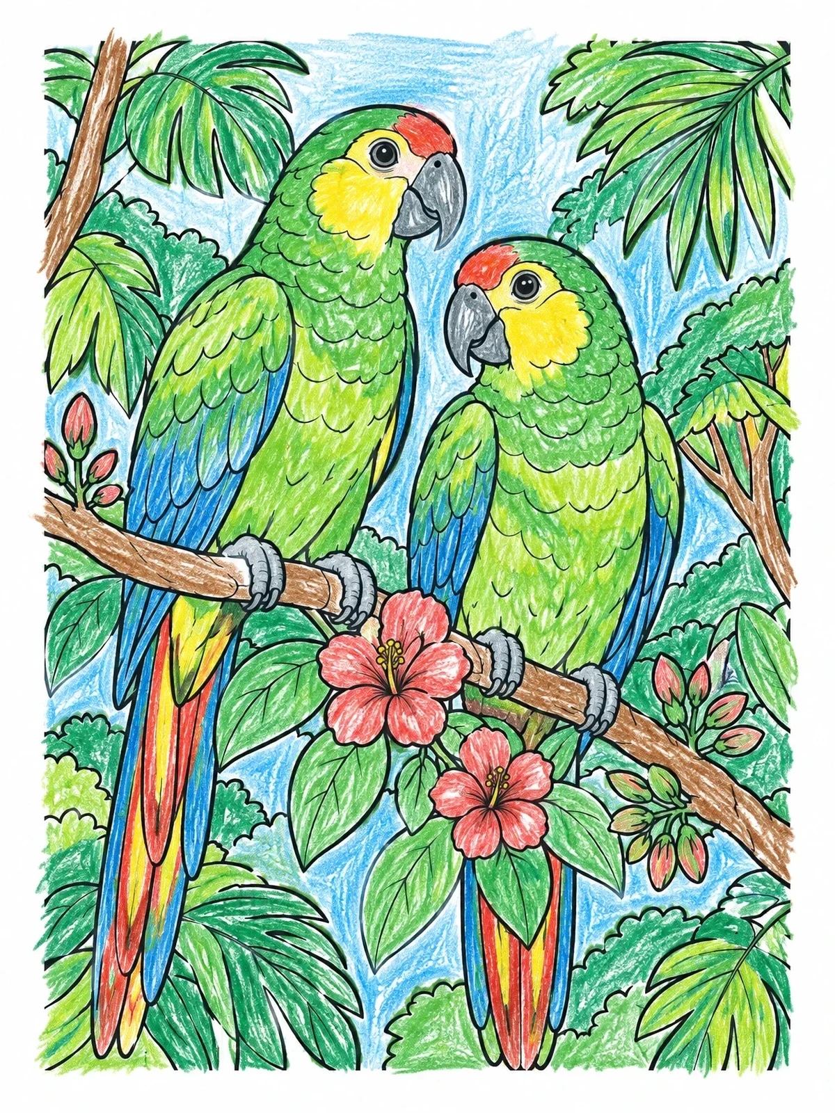 Colored example of the Puerto Rican Parrots In The Rainforest coloring page
