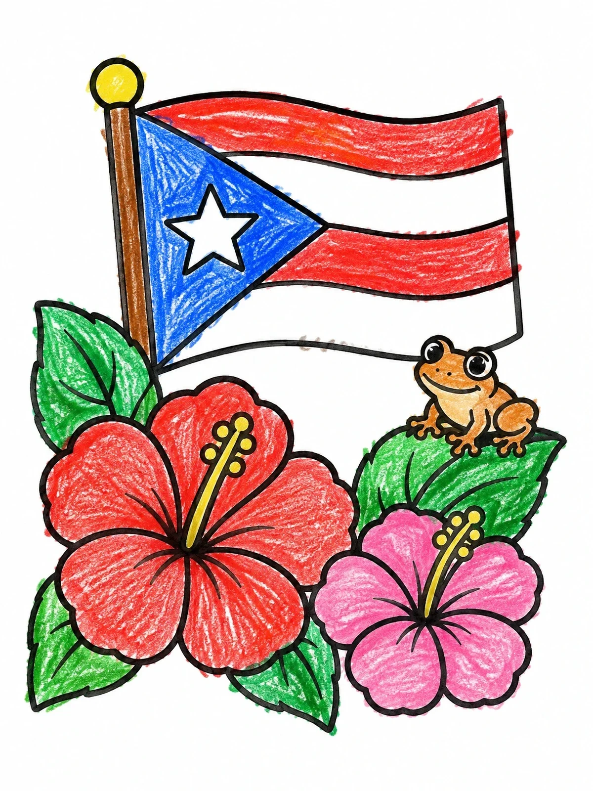Colored example of the Puerto Rican Flag With Coqui And Hibiscus coloring page