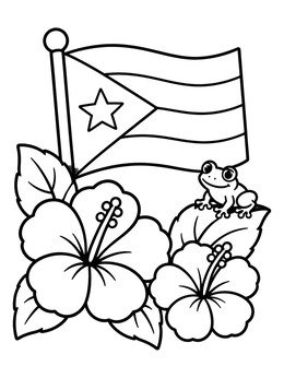 Free printable Puerto Rican Flag With Coqui And Hibiscus coloring page