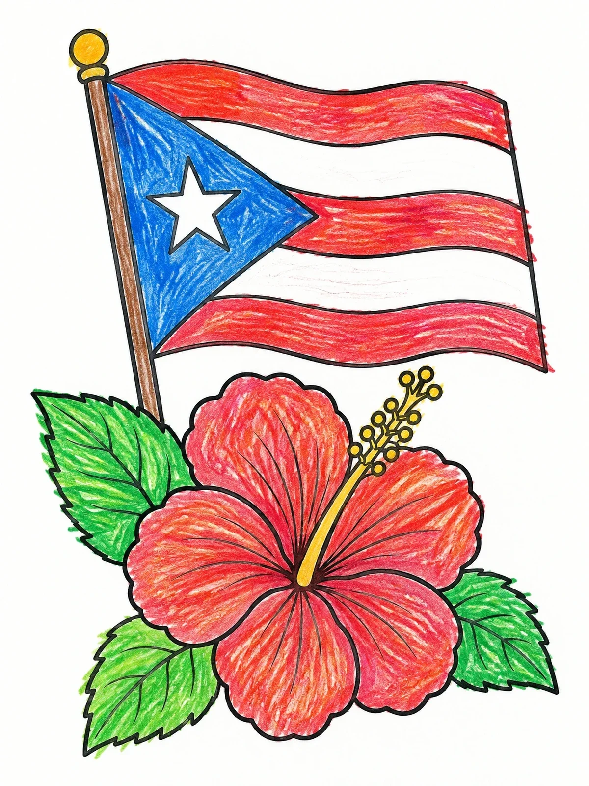 Colored example of the Puerto Rican Flag And Hibiscus Flower coloring page