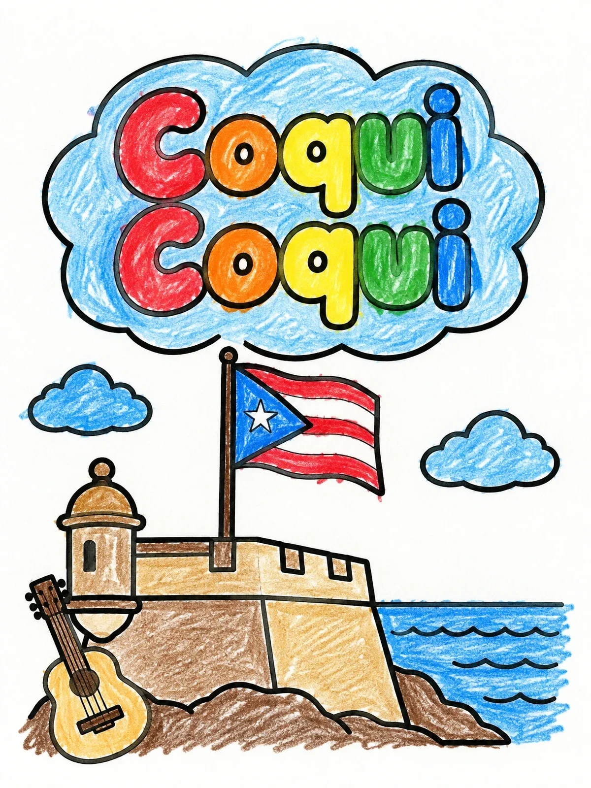 Colored example of the Puerto Rico Seaside Fortress And Flag coloring page