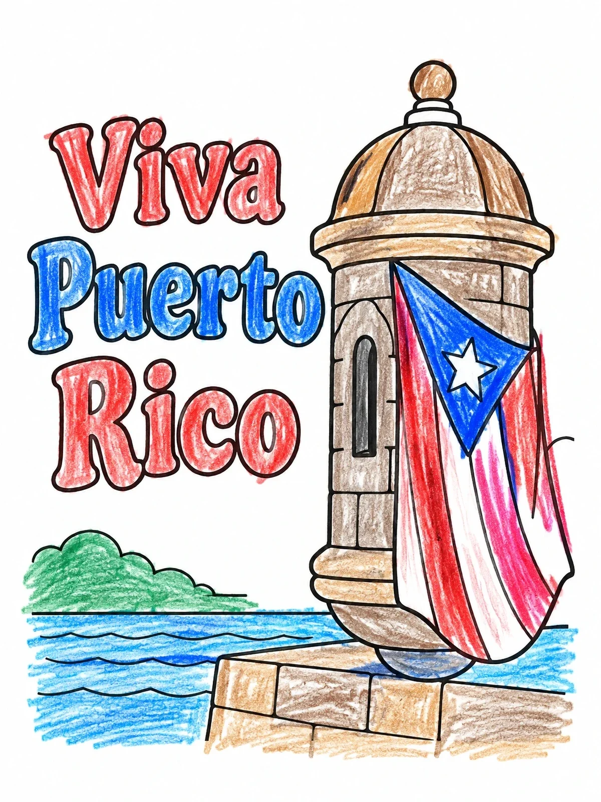 Colored example of the Historic Garita And Puerto Rican Flag coloring page