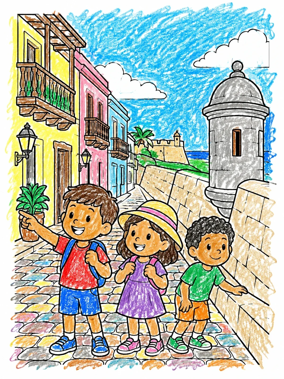 Colored example of the Kids Exploring Old San Juan coloring page