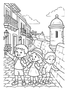 Free printable Kids Exploring Old San Juan coloring page