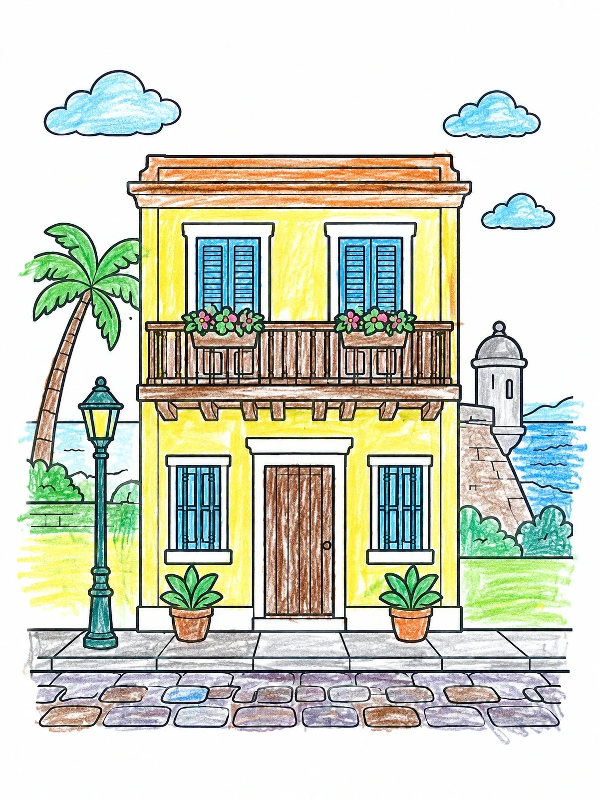 Colored example of the Old San Juan Colonial Townhouse coloring page